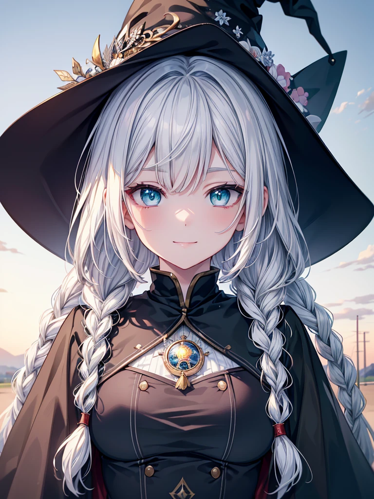 (masterpiece),(top-quality),(ultra-detailliert),hight resolution,in 8K animation,1girl,witch,white hair,twin braids,green eyes,(round eyes),bangs,smile,magic item,(beautifull detailed face),(beatiful detailed eyes),(anatomically correct)