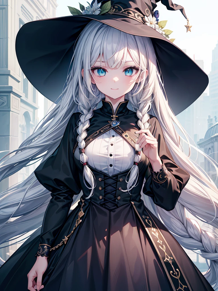 (masterpiece),(top-quality),(ultra-detailliert),hight resolution,in 8K animation,1girl,witch,white hair,twin braids,green eyes,(round eyes),bangs,smile,magic item,(beautifull detailed face),(beatiful detailed eyes),(anatomically correct)