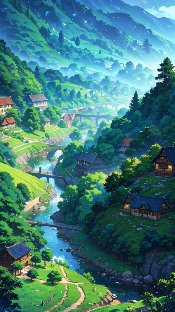 A detailed anime-style village landscape, rolling hills, winding river, lush green trees, wooden houses, cobblestone paths, birds flying in a vast blue sky, dramatic lighting, fantasy atmosphere, cinematic composition, vibrant colors, digital painting style