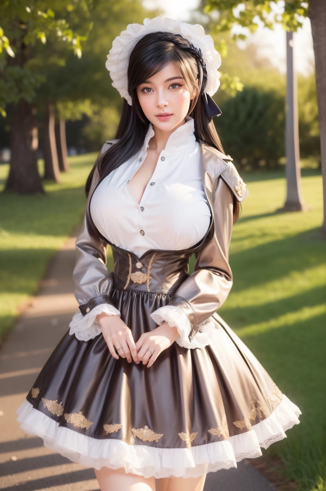 (Hyper-realistic) , (illustratio), (Increase the resolution),(8K), (Most Best Illustration),(extremely detaile), (Beautiful and delicate eyes),(The face is super detailed), (Detailed face), solo,1个Giant Breast Girl, looking at viewert, in the darkness nigth, deep shading, ssmile,cabelos preto e longos,(((Russian women's uniform:1.8)))