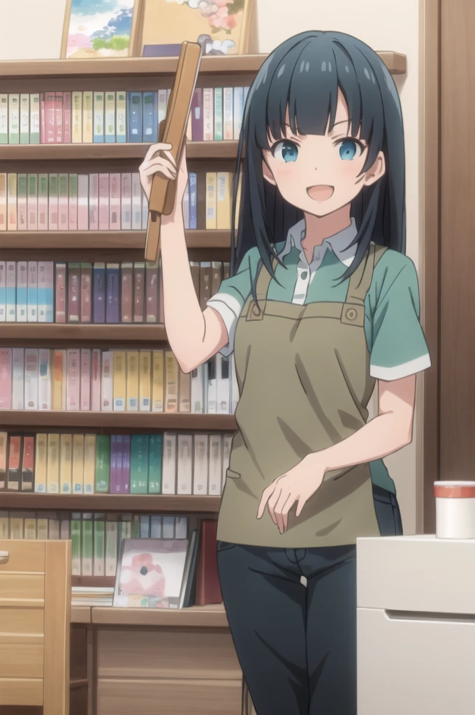 Highest quality, (masterpiece:1.2), Very detailed,
indoor, Bookshelf,
takasago tomoe,
One girl, alone, Are standing, Looking at the audience, Open your mouth, smile,
Black Hair, Long Hair, blue eyes,
Black shorts, Collared shirt, Short sleeve, Green Shirt, Striped, Brown apron