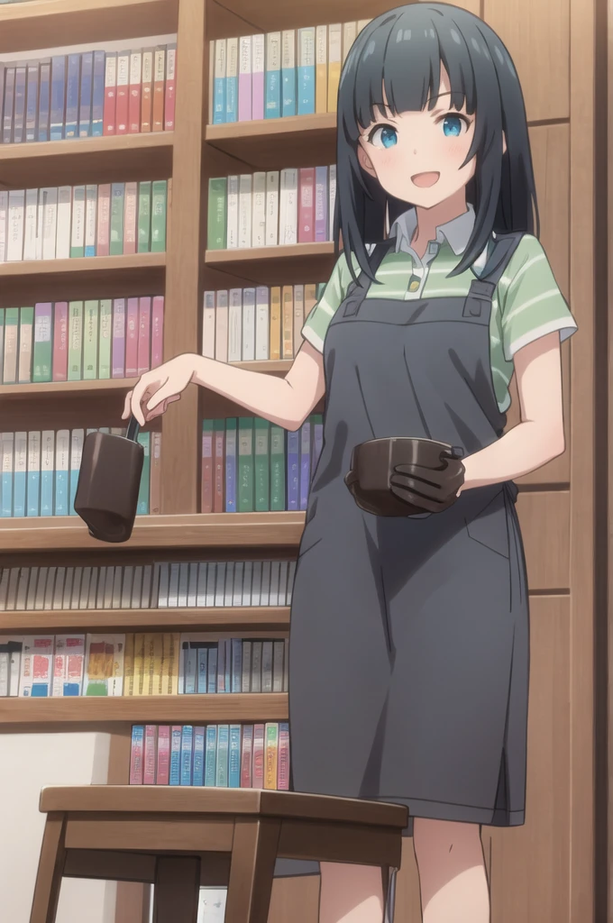 Highest quality, (masterpiece:1.2), Very detailed,
indoor, Bookshelf,
takasago tomoe,
One girl, alone, Are standing, Looking at the audience, Open your mouth, smile,
Black Hair, Long Hair, blue eyes,
Black shorts, Collared shirt, Short sleeve, Green Shirt, Striped, Brown ?????