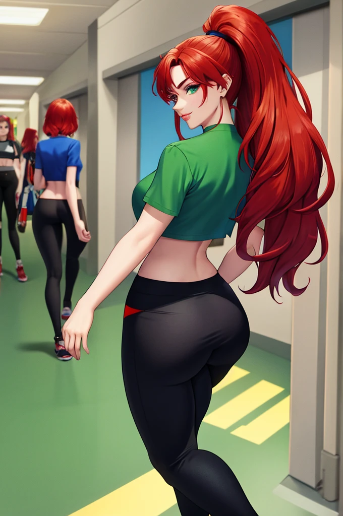 eyeshadow,eyebrows,green,eyes, nose, lips, smile,face,red hair,straight hair,from behind,back view,1girl,18 years old,blue crop top, the top is blue,short sleeves,narrow waist, small hips, (big fat ass),black leggings,the leggings is black, full body view,walking in school hallway,