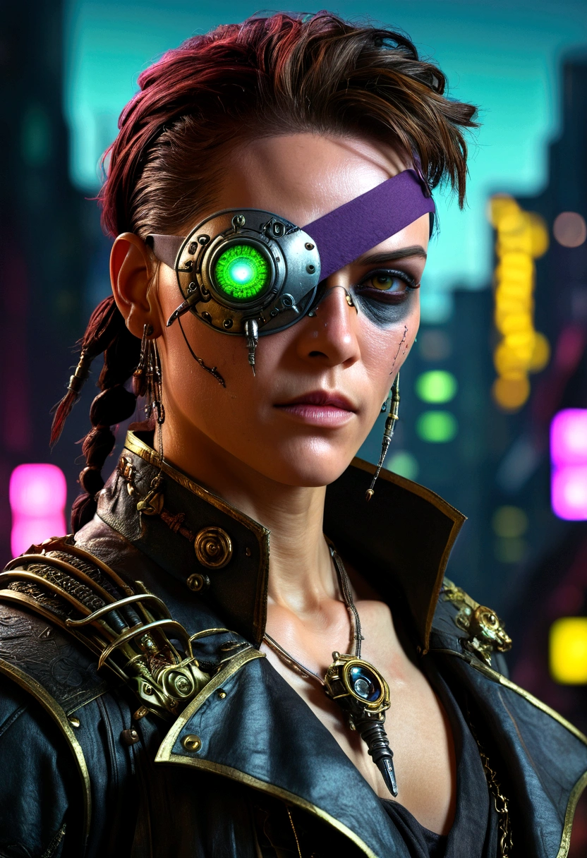 cyberpunk style, bio mechanical pirate, cybernetic arms and mantis blade, ((wearing a pirate styled eye patch)), highly detailed, hyperrealistic, intricate, sharp focus, 8k, masterpiece, photorealistic, chiaroscuro lighting, dramatic lighting, neon lights, glowing cybernetic implants, futuristic cityscape background, moody color palette, deep shadows