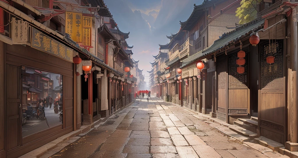 There is a painting,The picture shows a street with many buildings, Old city streets, Chinese streets, Dreamy Chinatown, Beautiful rendering of the Ming Dynasty, China Town, Traditional Chinese Concept Art, old asian village, Ancient city landscape, China Village, Anime Landscape Concept Art, old Chinese streets market, Dressed in vintage street clothes, China city, Chinese feudal background