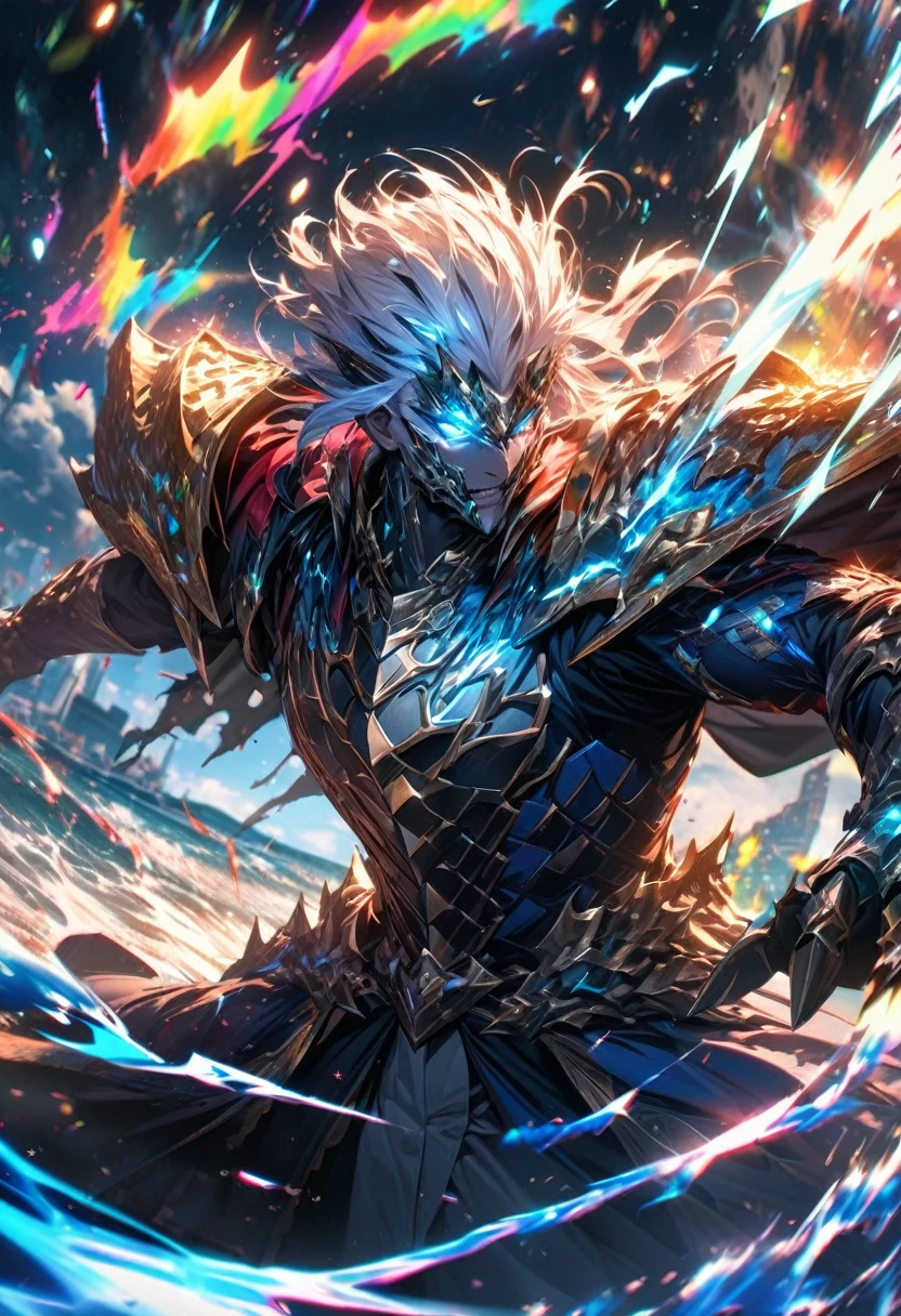 absurdres, highres, ultra detailed, HDR, masterpiece, extremely detailed face and eyes, dragon knight , colorful white hair , , solo, man, handsome, , , Epic fight scene, colorful water splashing effect,colorful lightning  effect,glowing glitters