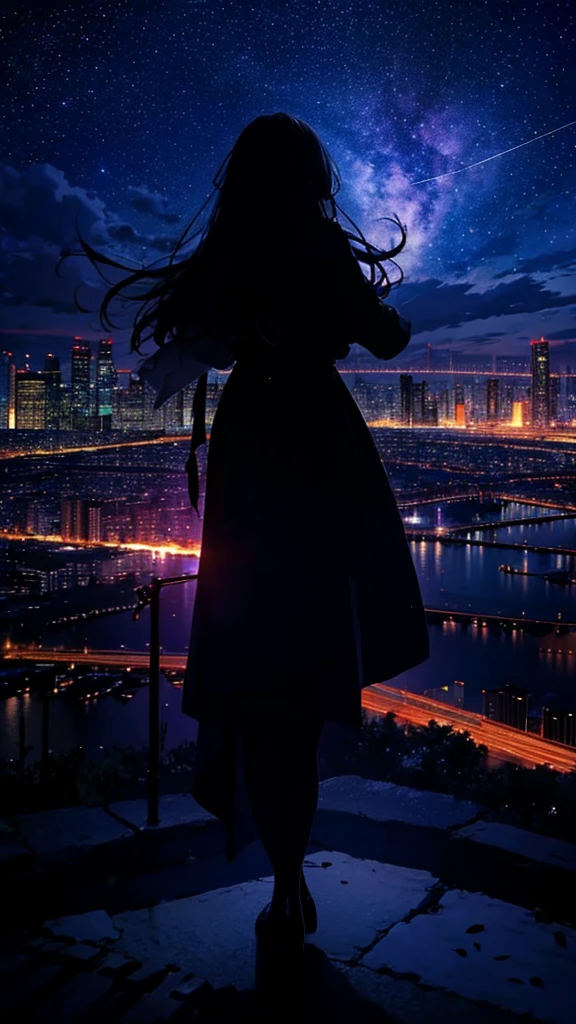 Long-haired woman,Long coat, Dress Silhouette, Rear View,Space Sky, comet, Anime Style, Dancing Petals,Night view of the city from the mountainside,