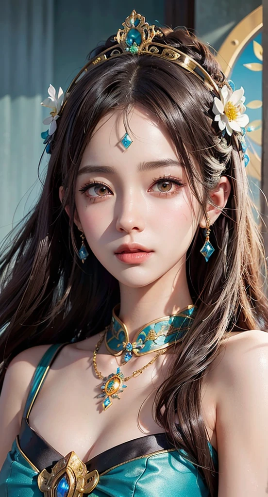a close up of a woman with a tia on her head, intricate ornate anime cgi style, 4 k detail fantasy, anime cgi, cinematic goddess close shot, inspired by Li Mei-shu, a beautiful fantasy empress, inspired by Lan Ying, smooth anime cg art, close up character, hyperdetailed fantasy character, game cg, ruan jia and artgerm