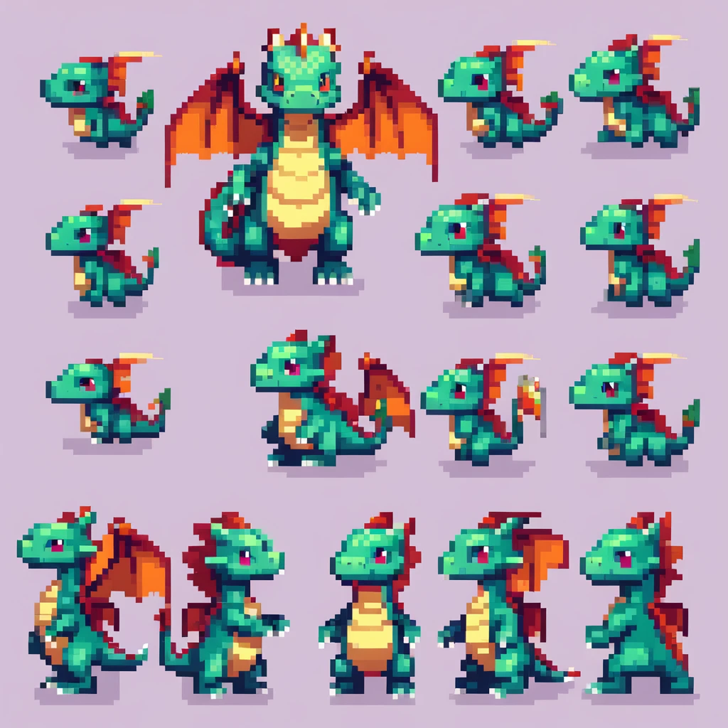 arte de pixel,arte de pixel,Crie uma planilha de design de personagem,Dragon:Dragonクエスト:monstro:色んな種類のDragonを並べる,((3 view,todo o corpo, Fundo,multiple views,high resolution)),multiple views,multiple poses,ativo,action pose,dynamic,legal,bonitinho,Obra de arte,mais alta qualidade,Em detalhe,graciosamente,RPG,Famicom,various characters,multiple outfits,Dragonクエスト,corajosamente,Cores ricas,colorida