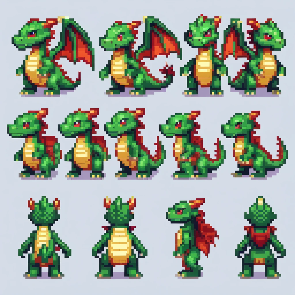arte de pixel,arte de pixel,Crie uma planilha de design de personagem,Dragon:Dragonクエスト:monstro:色んな種類のDragonを並べる,((3 view,todo o corpo, Fundo,multiple views,high resolution)),multiple views,multiple poses,ativo,action pose,dynamic,legal,bonitinho,Obra de arte,mais alta qualidade,Em detalhe,graciosamente,RPG,Famicom,various characters,multiple outfits,Dragonクエスト,corajosamente,Cores ricas,colorida