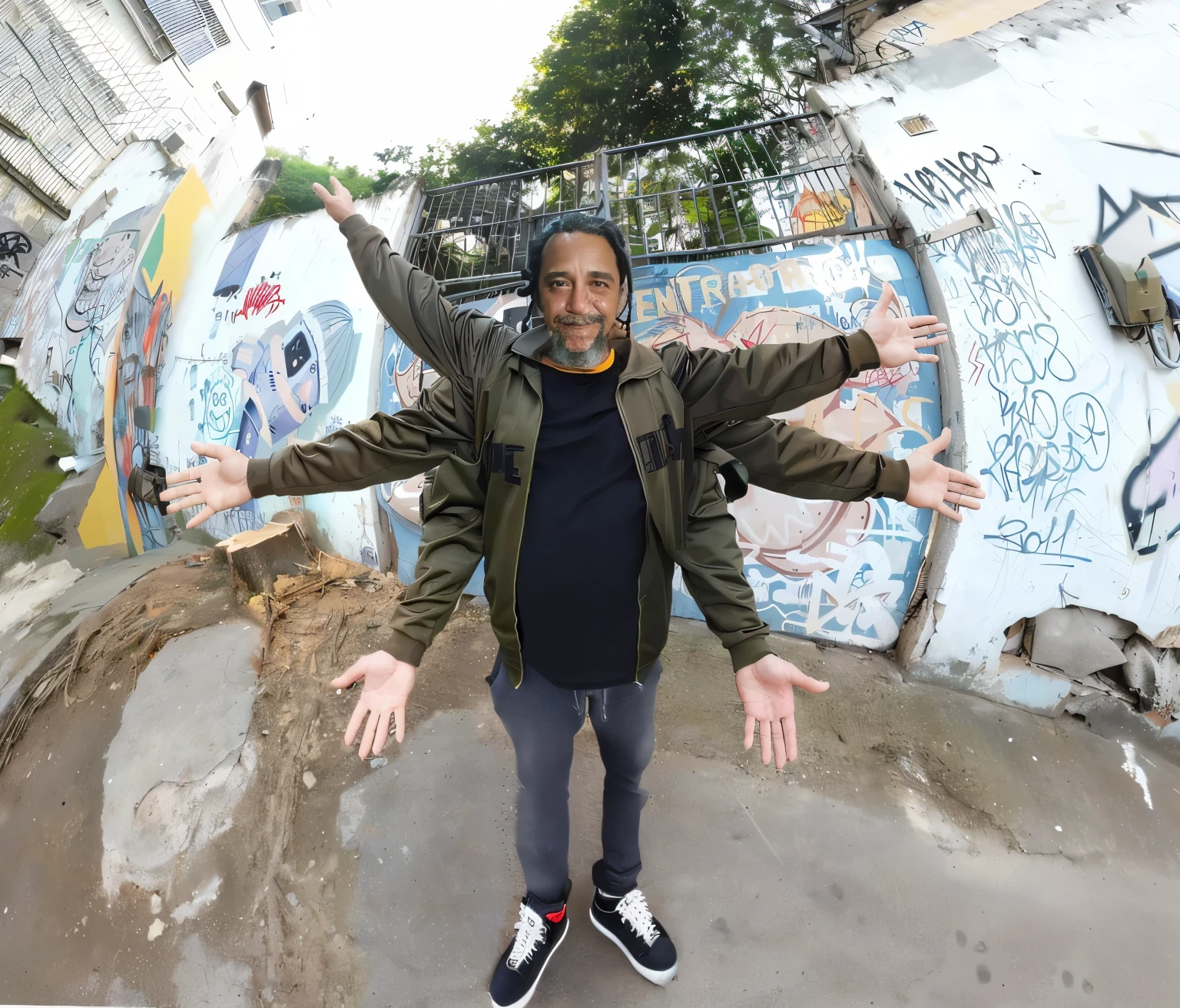 arafed man standing in front of a graffiti covered parede, wide angle dynamic retrato, wideangle retrato, olho de peixe retrato, location ( favela _ parede ), olho de peixe photo, grande angular de corpo inteiro, inspirado em Francisco Souza, 3 6 0 captura, retrato!!!, olho de peixe lens photo, voltado para frente!!, olho de peixe!!!, extreme olho de peixe