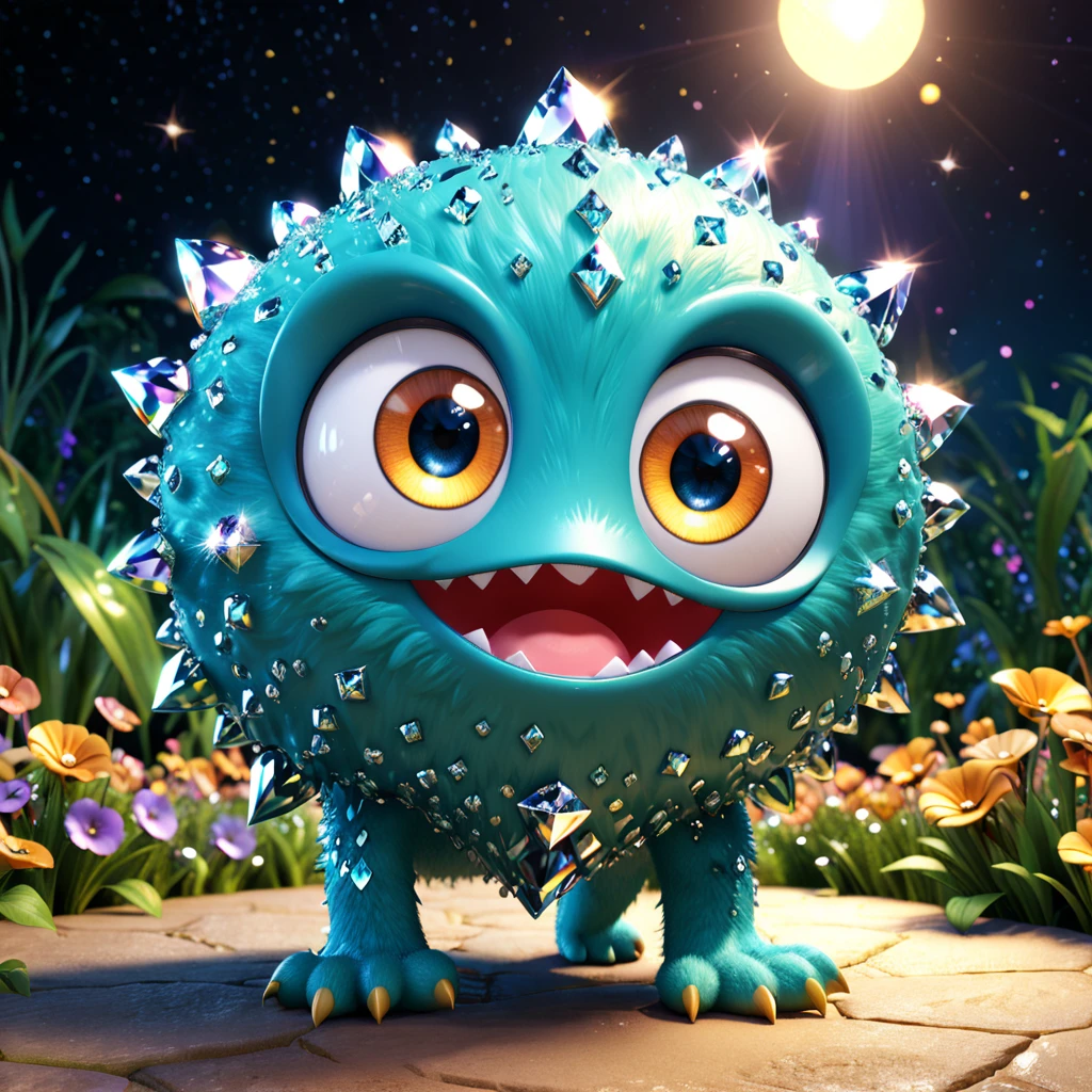 A cute diamond monster with big sparkling eyes, shining brightly. It is the hardest and most dazzling gemstone, featuring a playful and adorable expression. This charming scene is perfect for a children's storybook. --ar 1:1 --v 6.0 --3D render