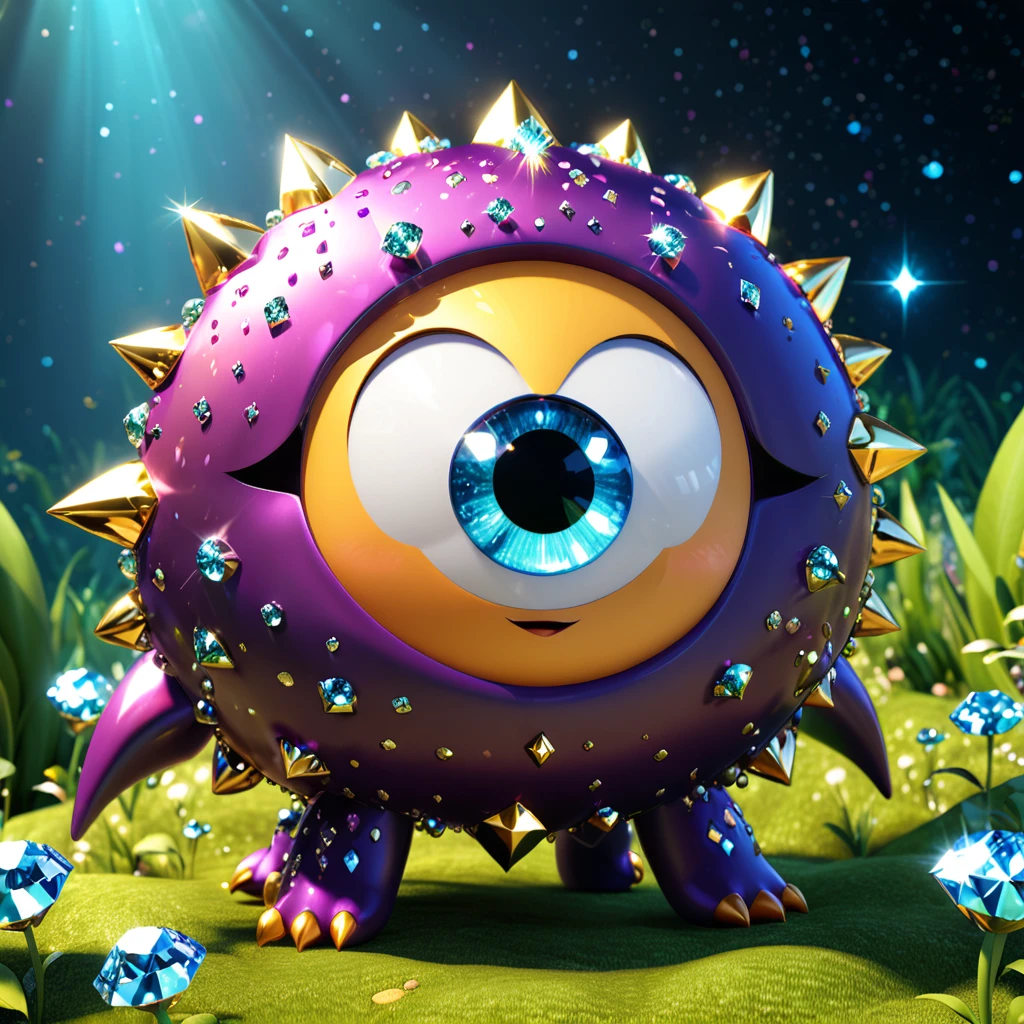 A cute diamond monster with big sparkling eyes, shining brightly. It is the hardest and most dazzling gemstone, featuring a playful and adorable expression. This charming scene is perfect for a children's storybook. --ar 1:1 --v 6.0 --3D render