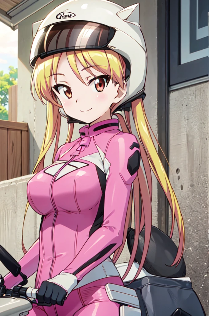 (((pixel-perfect, detail-perfect))), solo, 1girl, rin suzunoki, pink bikesuit, helmet removed, looking at viewer, smile, upper body