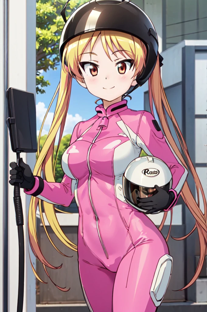 (((pixel-perfect, detail-perfect))), solo, 1girl, rin suzunoki, pink bikesuit, helmet removed, looking at viewer, smile, upper body