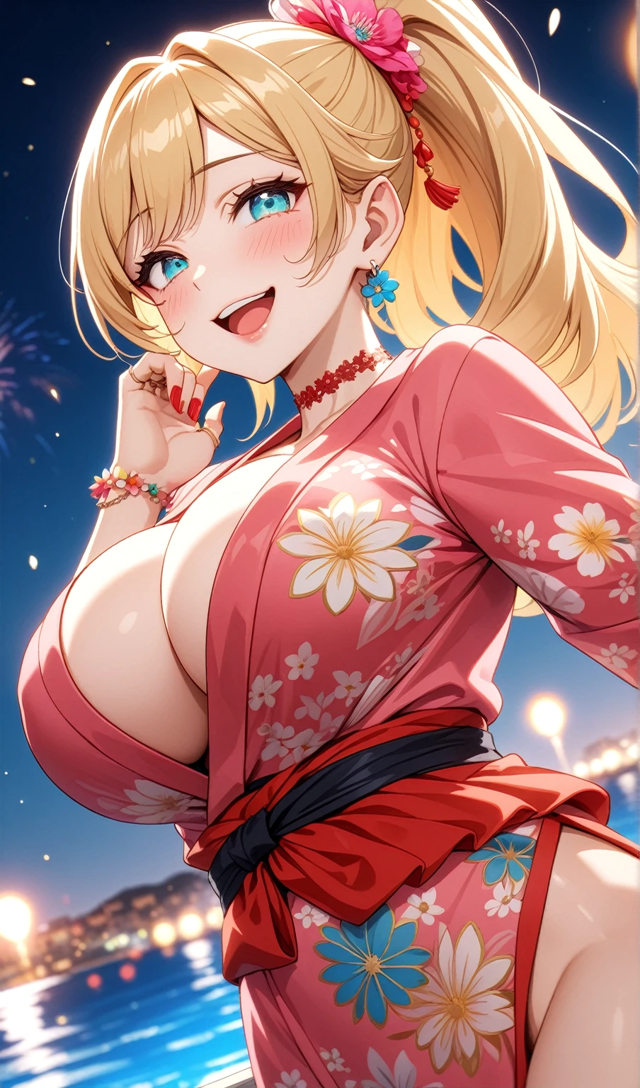 One personの女性)), Beautiful Face,Laughing embarrassedly,((Wink:2.0)),Laugh with your mouth wide open,((Bright red cheeks:1.4)),Glossy pink lips,night,rooftop,Festive decorations,You can see the ocean, firework,Glossy pink lips,Lighting on the face,((Anime style background)),masterpiece, Highest quality, so beautiful, Latest, Complex details, (Pink long nails),(ring),(flower bracelet),Floral choker,AI-generated, Complex,High resolution, Highest quality, super high quality,3D Images、View your viewers、3D Images,One person,Long blonde hair,High Ponytail,(Turquoise Eyes),Anime woman posing for a photo, (Fine grain,Colorful eyes,Shining Eyes:1.3),(Squint your eyes:1.1),a hyperRealistic , hyperRealistic , Realistic,Blonde anime woman with long hair, Smooth anime CG art, A woman in a colorful kimono with gold embroidery, (Pink long sleeve kimono),Red floral pattern,Long flower hair ornament,Large floral earrings,(ring),(:1.1),Mature BodyBig Ass,Narrow waist,ominal muscles,(Zoom in on face:2.0),(Shooting from below at an angle:1.5)