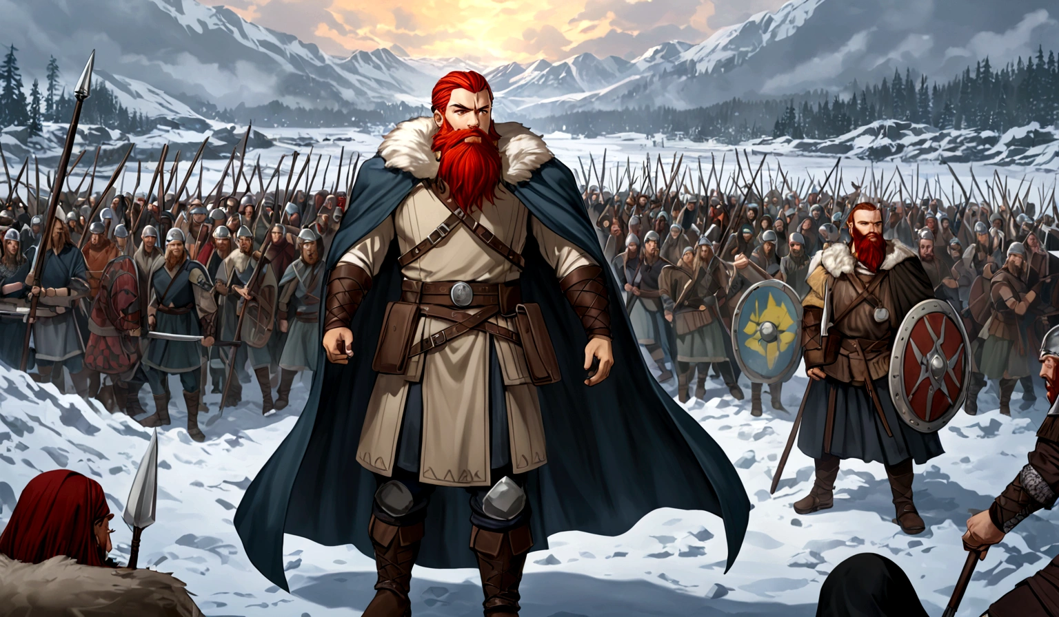 Erik the Red Beard: The Brave Leader

In the harsh, icy lands of the north, Erik the Red Beard led his Viking tribe with unwavering courage and wisdom. His fierce red beard and commanding presence made him a legendary figure among his people. One winter, the tribe's food supplies dwindled, and an imminent attack from a rival clan threatened their survival. Erik knew he had to protect his people and secure their future.

As the leader, he gathered his warriors around a roaring fire and outlined a strategic plan to defend their village. Erik decided to fortify the village defenses, train the warriors in new combat techniques, and set traps for the approaching enemies. With a blend of cunning strategy and sheer bravery, Erik led his tribe in preparing for the battle.

On the eve of the attack, Erik's mind was a whirlwind of thoughts and worries. He walked through the village, ensuring everything was in place and boosting the morale of his people. The following day, the rival clan descended upon the village. Erik, at the forefront, fought valiantly, his battle cries echoing through the icy air. His story unfolds as he leads his tribe in a fierce battle, discovering the depths of his own bravery and the true strength of his people.