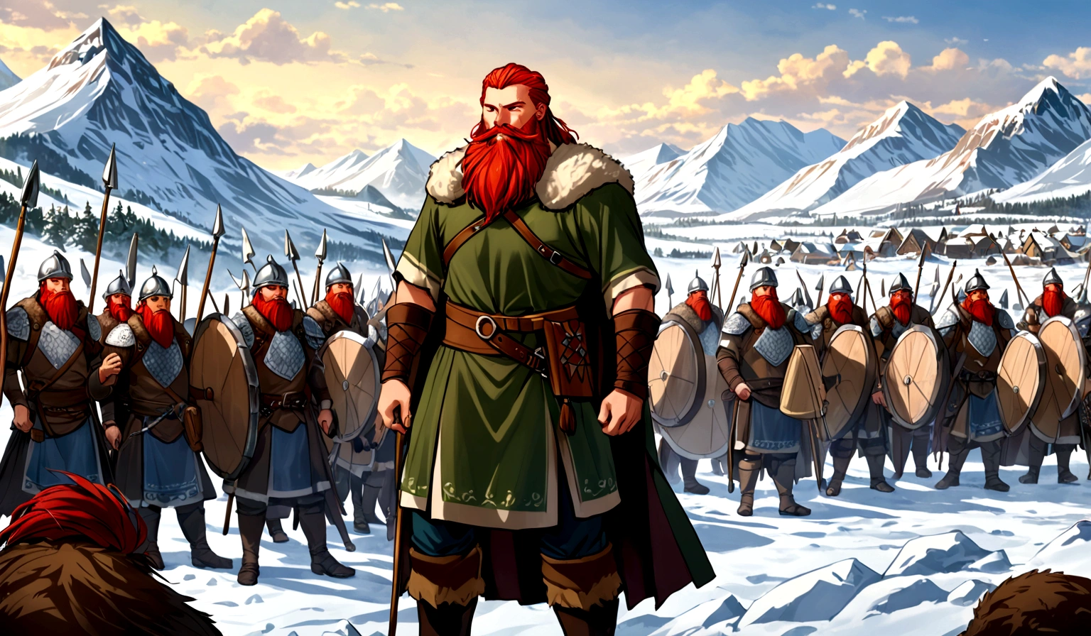 Erik the Red Beard: The Brave Leader

In the harsh, icy lands of the north, Erik the Red Beard led his Viking tribe with unwavering courage and wisdom. His fierce red beard and commanding presence made him a legendary figure among his people. One winter, the tribe's food supplies dwindled, and an imminent attack from a rival clan threatened their survival. Erik knew he had to protect his people and secure their future.

As the leader, he gathered his warriors around a roaring fire and outlined a strategic plan to defend their village. Erik decided to fortify the village defenses, train the warriors in new combat techniques, and set traps for the approaching enemies. With a blend of cunning strategy and sheer bravery, Erik led his tribe in preparing for the battle.

On the eve of the attack, Erik's mind was a whirlwind of thoughts and worries. He walked through the village, ensuring everything was in place and boosting the morale of his people. The following day, the rival clan descended upon the village. Erik, at the forefront, fought valiantly, his battle cries echoing through the icy air. His story unfolds as he leads his tribe in a fierce battle, discovering the depths of his own bravery and the true strength of his people.