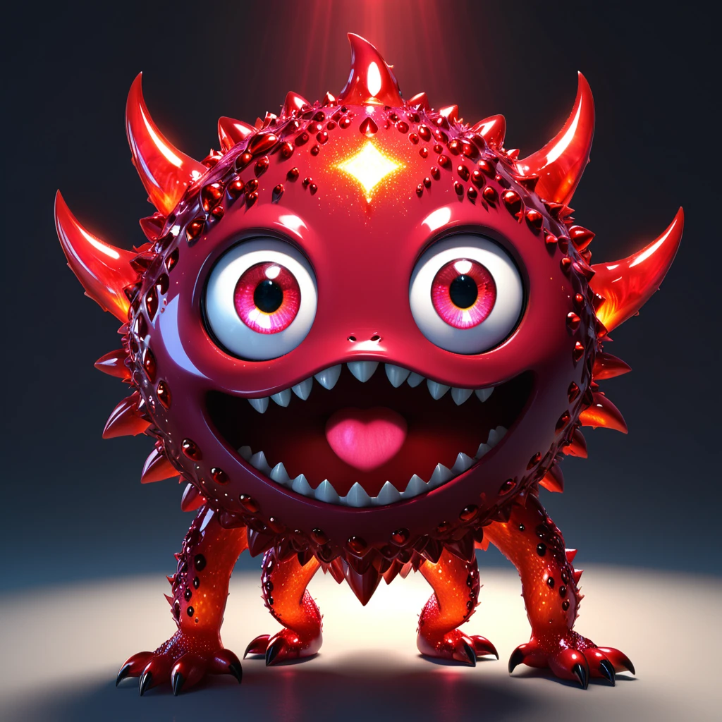 A cute ruby monster with big sparkling eyes, radiating a deep red glow. This beautiful and vibrant gemstone is designed to capture children's imaginations, with an endearing and friendly demeanor. --ar 1:1 --v 6.0 --3D render