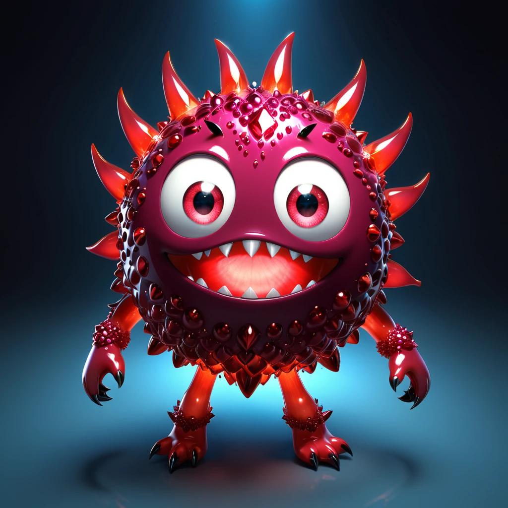 A cute ruby monster with big sparkling eyes, radiating a deep red glow. This beautiful and vibrant gemstone is designed to capture children's imaginations, with an endearing and friendly demeanor. --ar 1:1 --v 6.0 --3D render