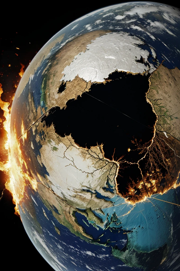 Generate a picture that shows the globe. It is burning, it is damaged, it is cracked. You can see cracks, wounds, scars. A destroyed globe. A globe that is cracked.