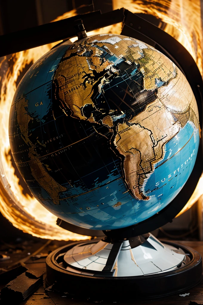 Generate a picture that shows the globe. It is burning, it is damaged, it is cracked. You can see cracks, wounds, scars. A destroyed globe. A globe that is cracked.