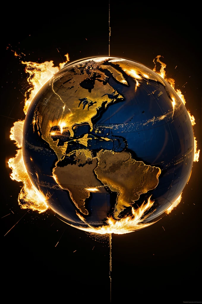 Generate a picture that shows the globe. It is burning, it is damaged, it is cracked. You can see cracks, wounds, scars. A destroyed globe. A globe that is cracked.