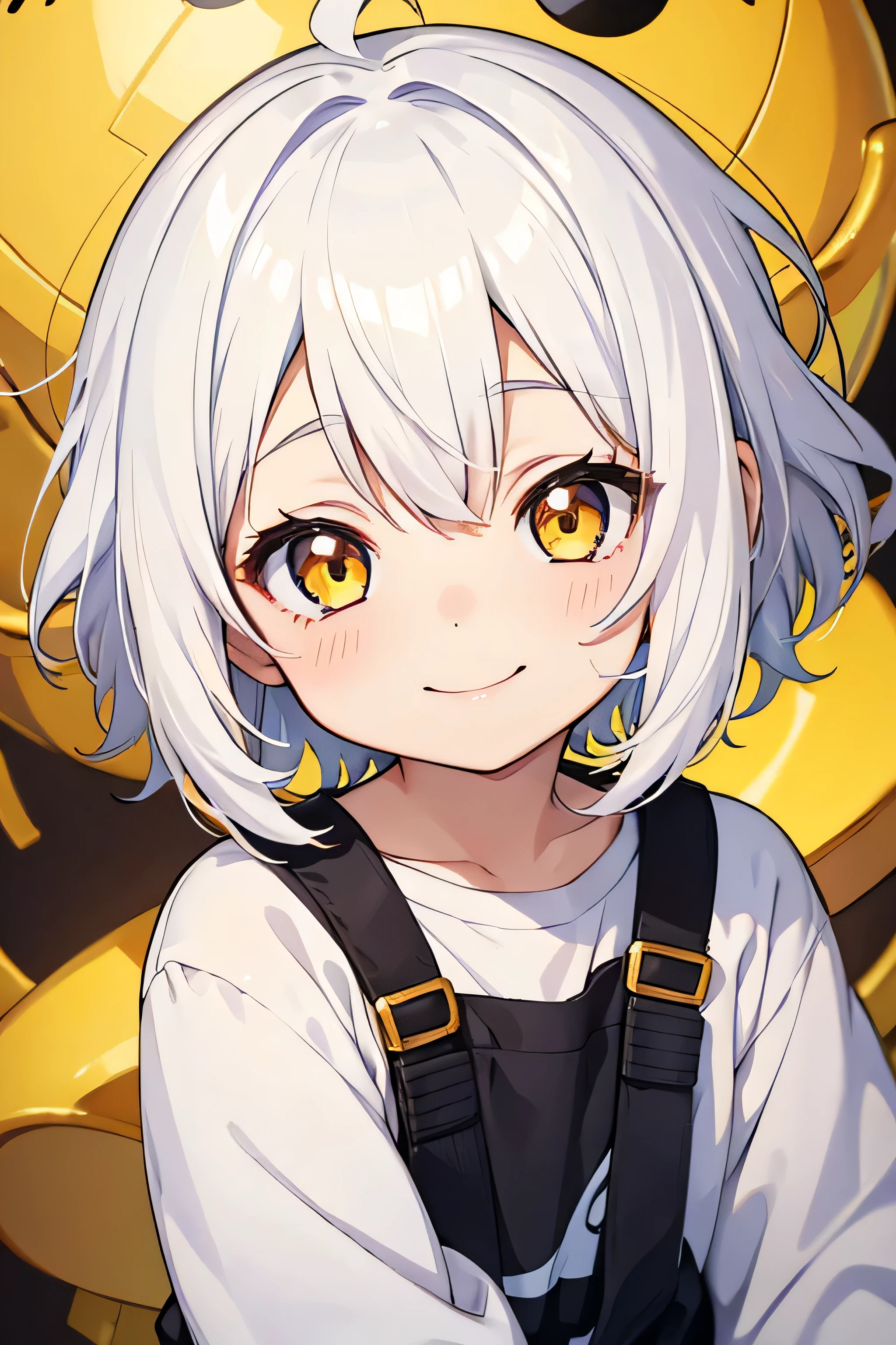 ddler, cute anime toler, smiling, white hair and yellow hair, short hair, messy hair, golden eyes