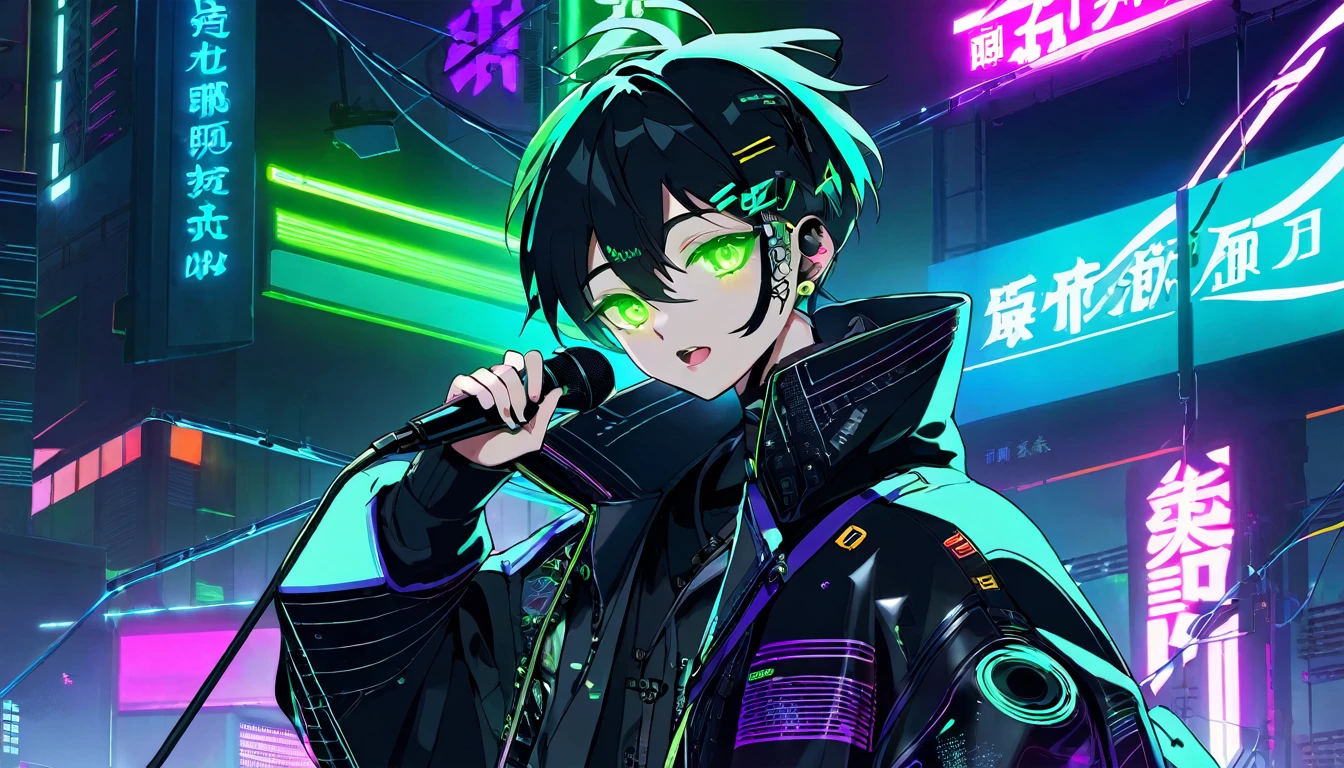 One boy singing with a microphone、whole body、cyber punk、Green Eyes、Glowing Eyes、Black coat、Open coat、Teen