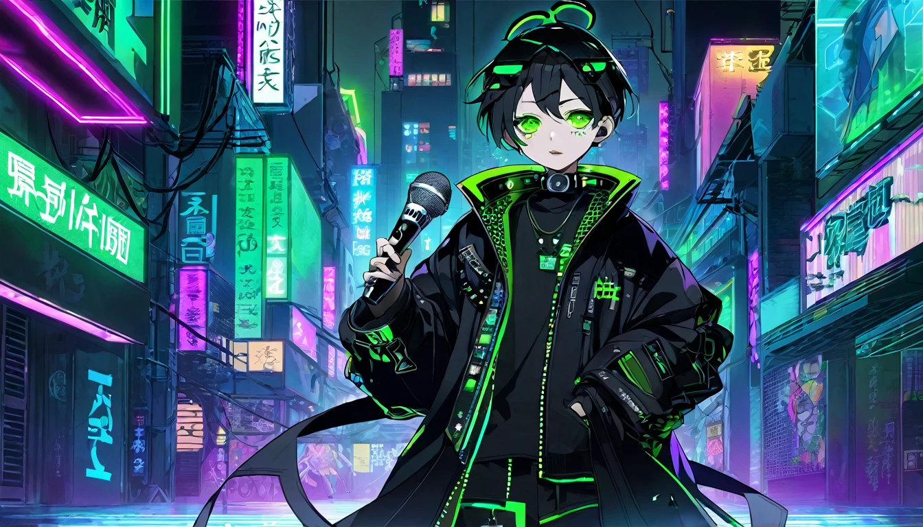 One boy singing with a microphone、whole body、cyber punk、Green Eyes、Glowing Eyes、Black coat、Open coat、