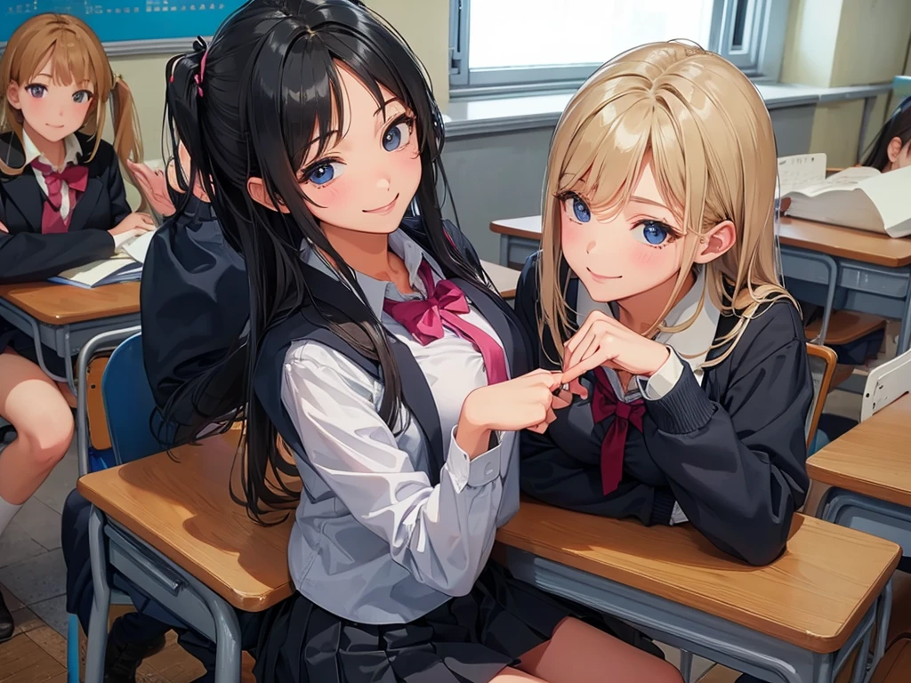 high school girl、Dressed in high 、School classroom、(Big Breasts)、Grinning face、((solo))、smirk