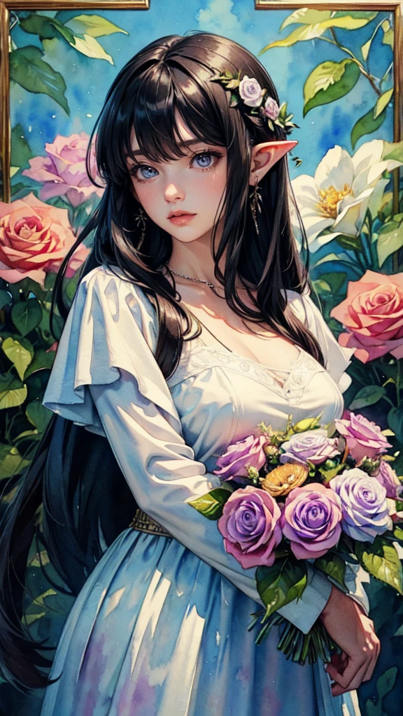 (Watercolor: 1.3), (Watercolor), Ink, A Beautiful Girl, Solo, Rose Flowers of Multiple Colors, Portrait, Leaves, Bangs, Black Hair, Long Hair, Purple Eyes, Flower Earrings, (Crying), Full Body Portrait, 4K Resolution, High Resolution, Ultra High Resolution, Epic Shooting, Detailed, Accurate, Detailed, (Masterpiece)
, detailed face, detailed eyes, detailed hands, elf woman, full body