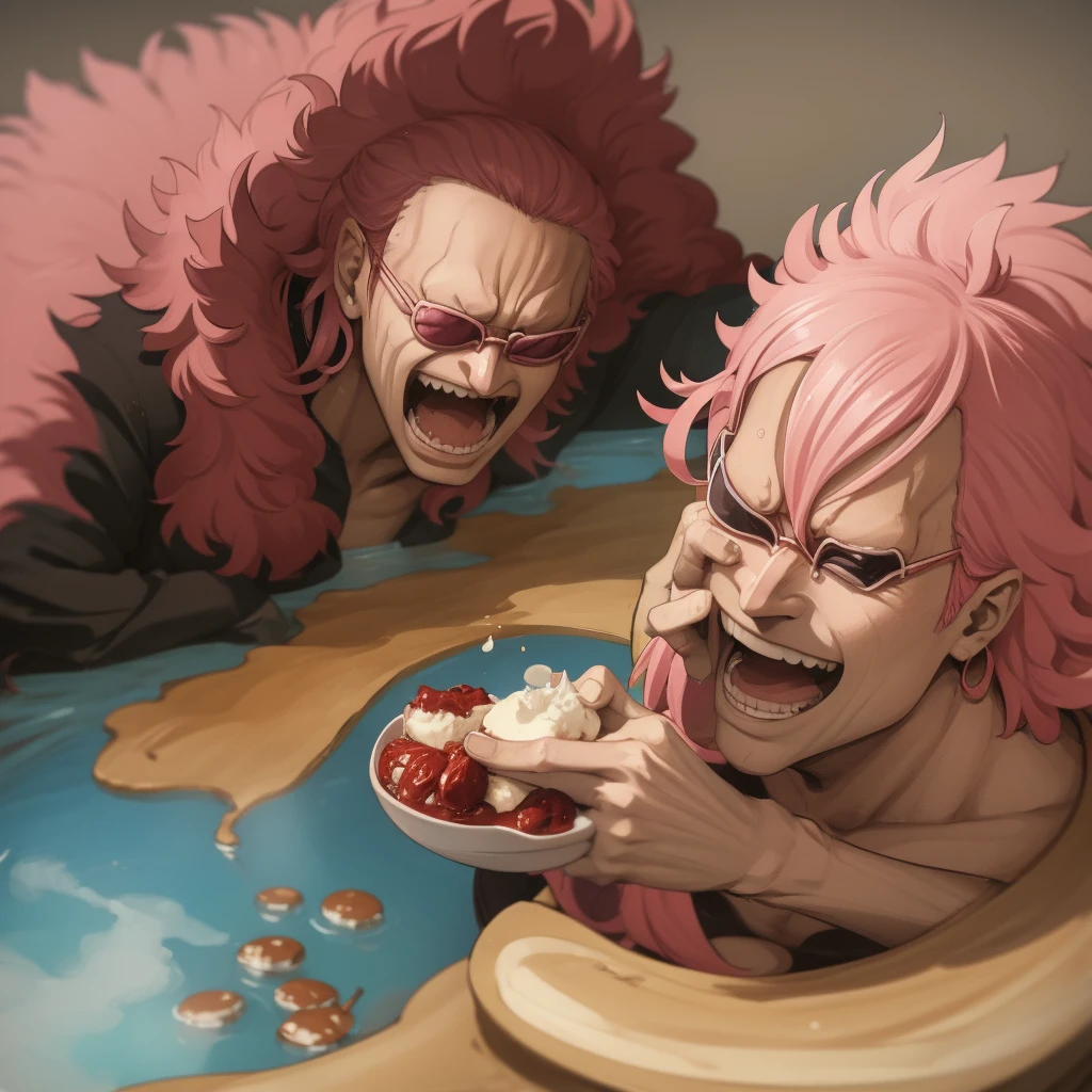 Doflamingo eating pudding in a hot spring