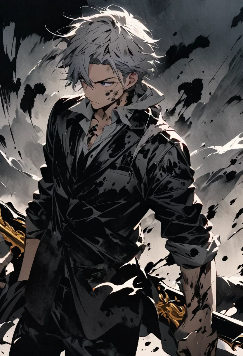 Short grey hair Sharp eyes　28 years old　Holding a golden sword　Damaged black suit　Ink painting art

