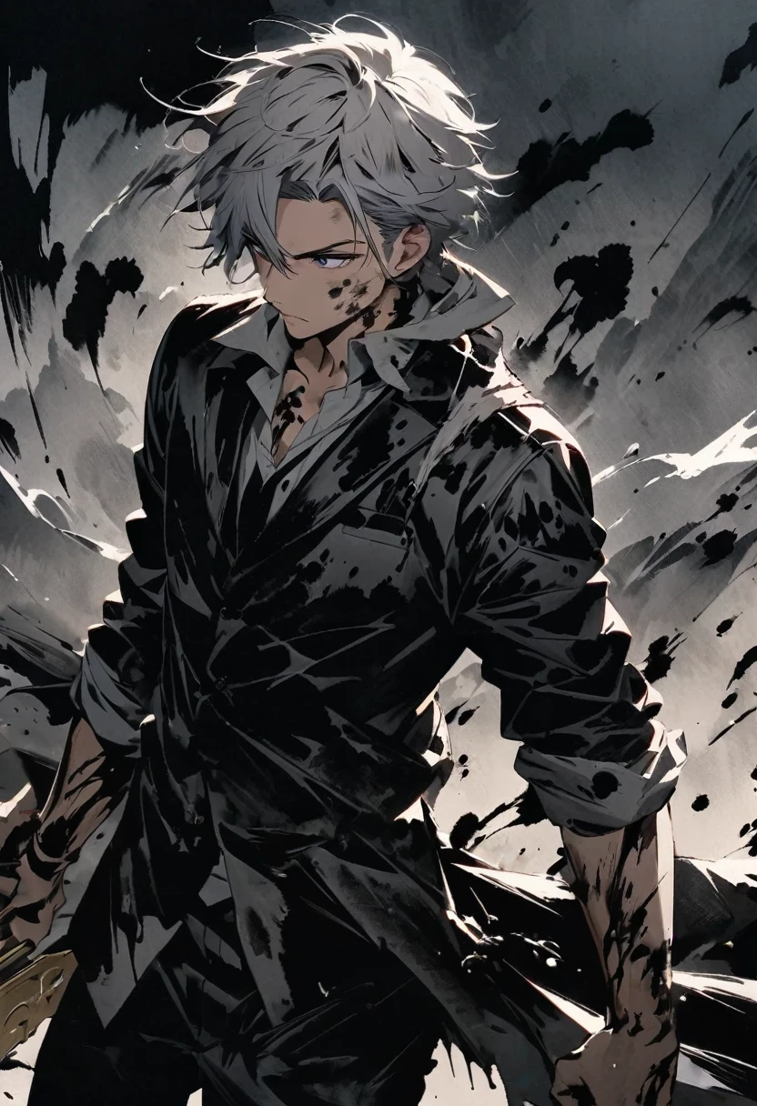 Short grey hair Sharp eyes 28 years old Holding a golden sword Damaged black suit Ink painting art