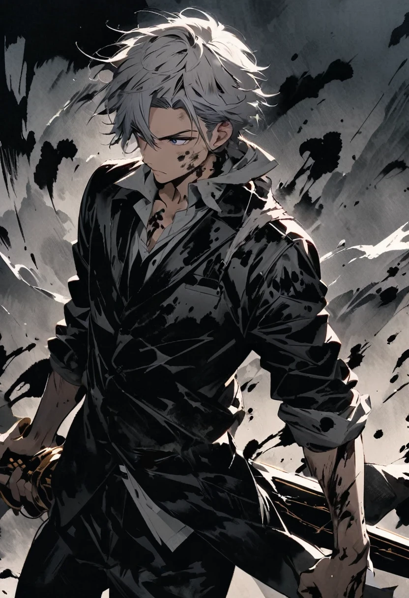 Short grey hair Sharp eyes　28 years old　Holding a golden sword　Damaged black suit　Ink painting art


