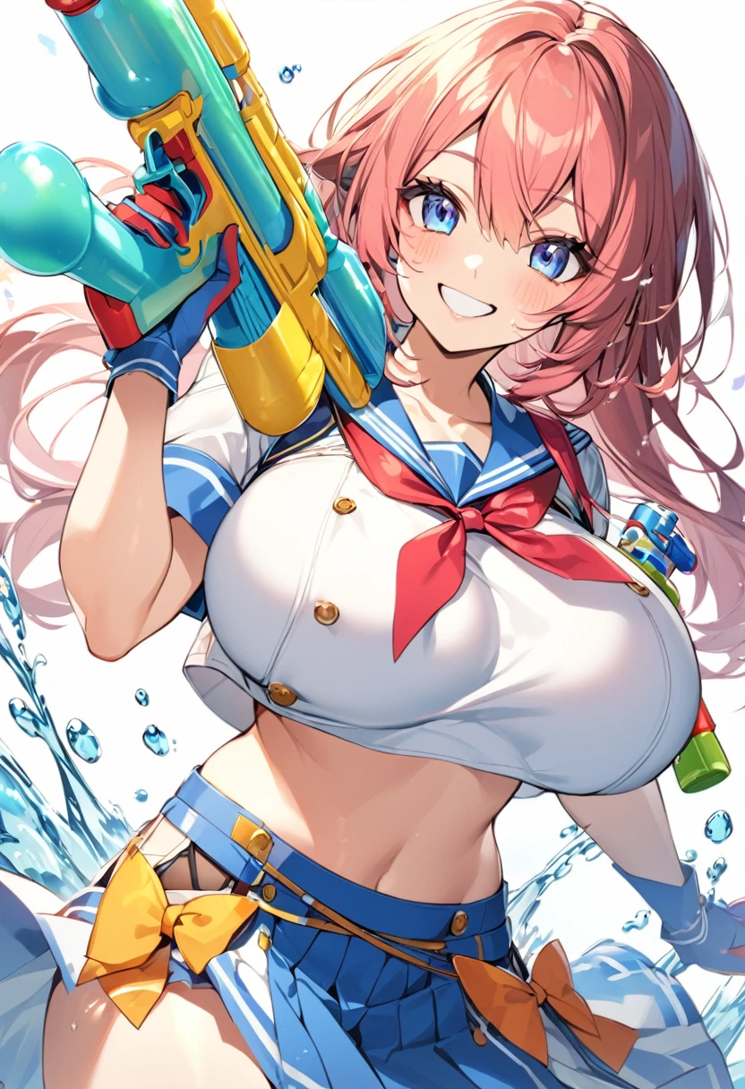 girl,big breasts,sailor,midriff,gloves,water gun,smile,