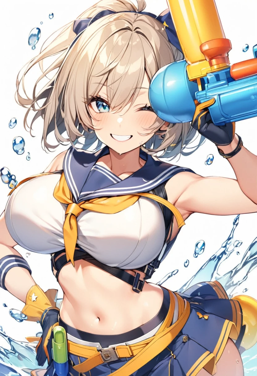 girl,big breasts,sailor,midriff,gloves,water gun,smile,