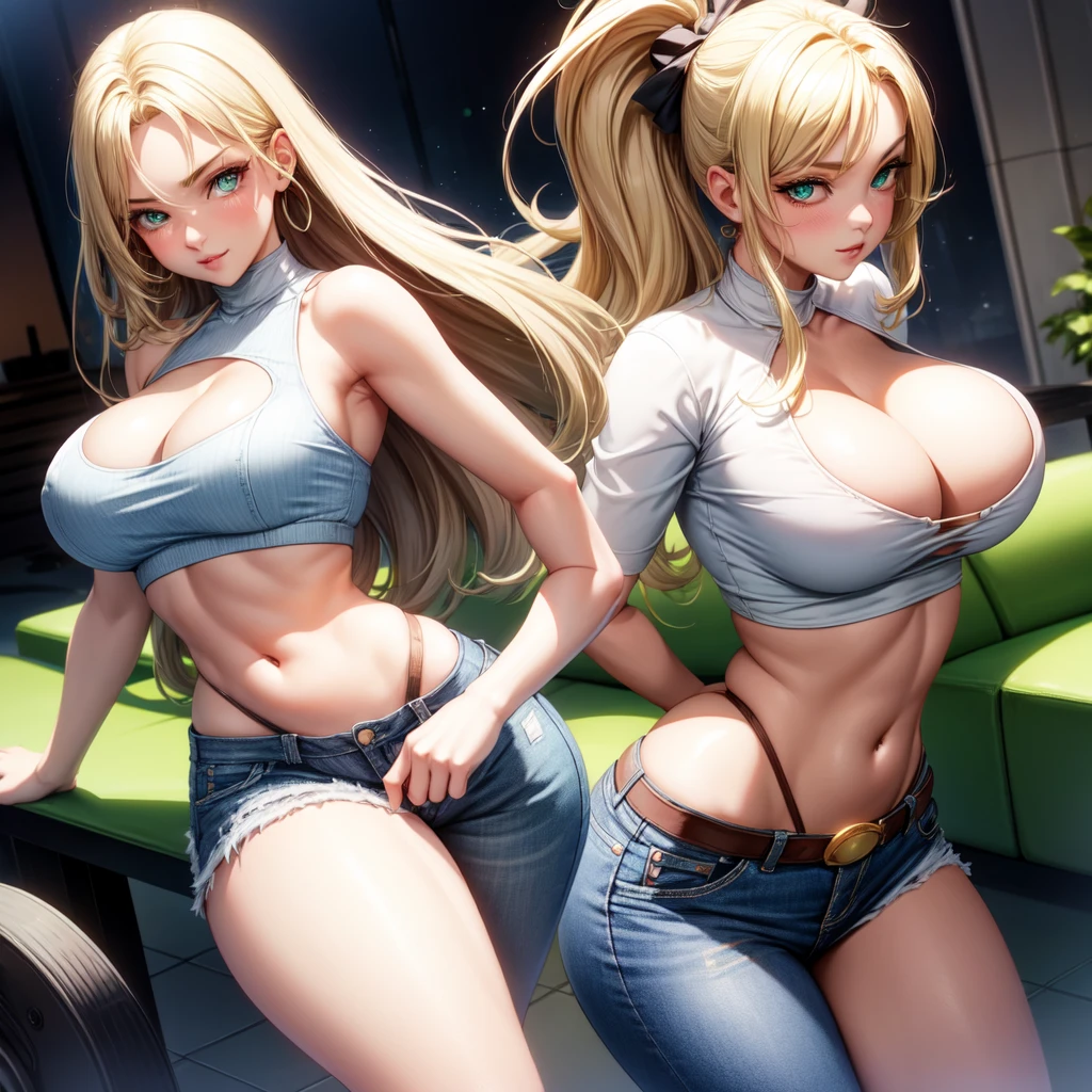 One girl, solo, Big round breasts, clevage, curvy body, realistic, blonde hair, light green eyes, amazing big eyes, eye details, eyebrow details, white crop top, denim skirt, big lips, blush, confident, dominant, bdsm, smirk, naughty, mischevious face, HD, good quality, crop top, curvy, standing up, lounge area