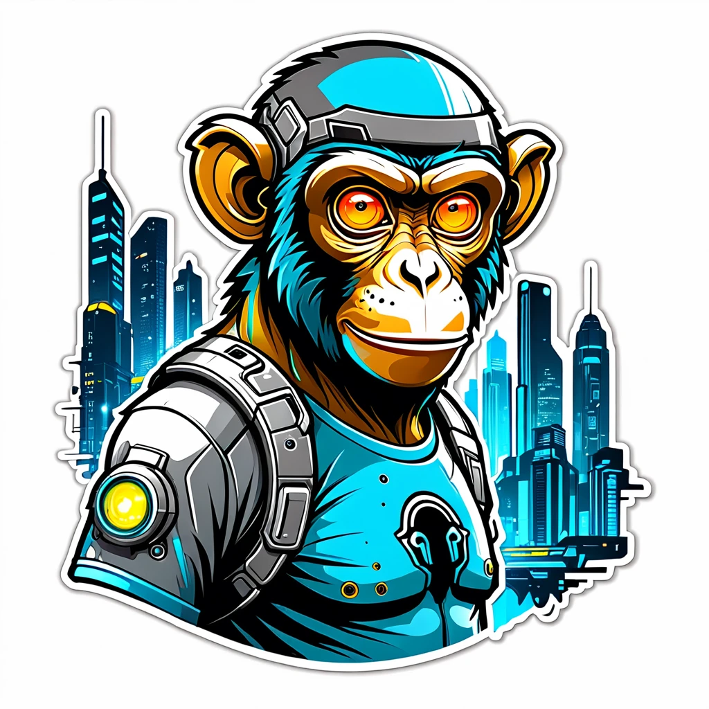 A futuristic monkey figure, with lights in eyes, surrounded by vibraprint ready vector t-shirt design, cyberpunk monkey illustration, side view, sticker, clean white background, professional vector, high detail, t-shirt design, graffiti, vibrant nt futuristic cityscape.A futuristic monkey figure, with lights in eyes, surrounded by vibraprint ready vector t-shirt design, cyberpunk monkey illustration, side view, sticker, clean white background, professional vector, high detail, t-shirt design, graffiti, vibrant nt futuristic cityscape.