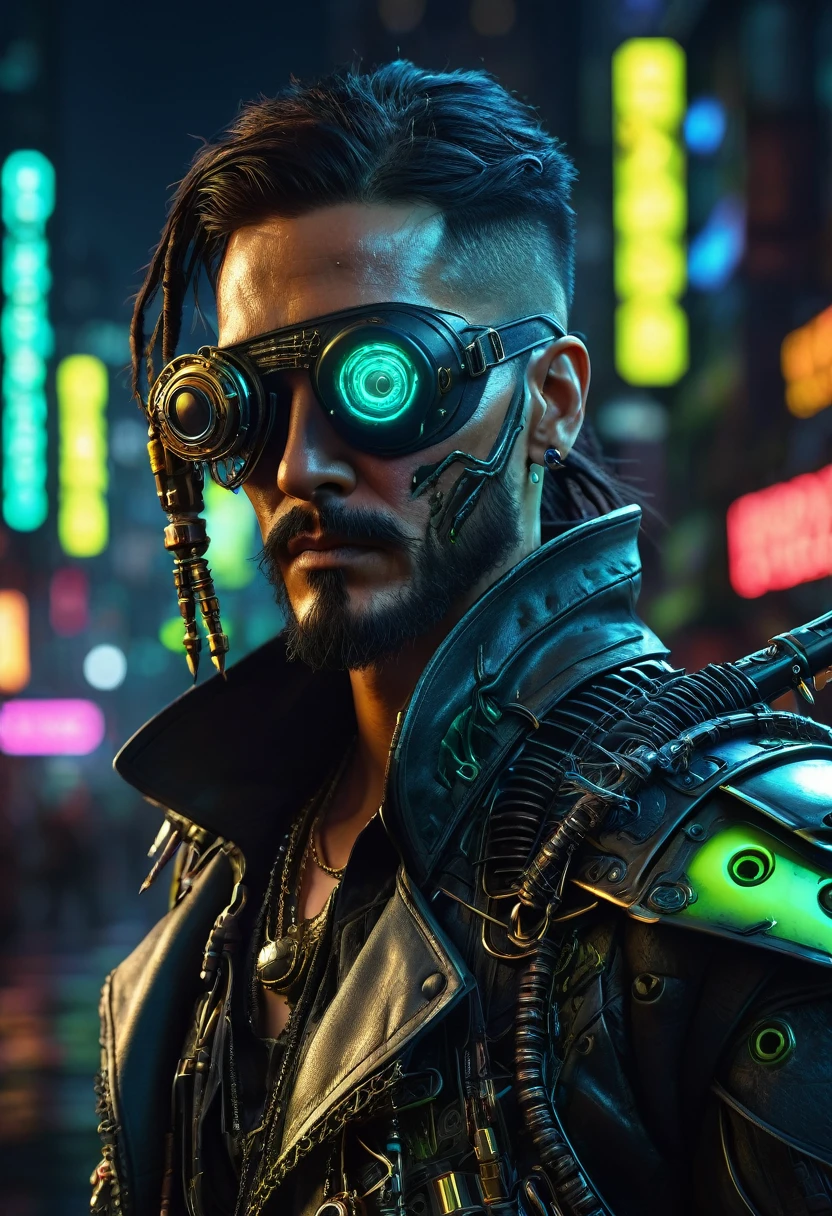 cyberpunk style, bio mechanical pirate, cybernetic arms and mantis blade, ((wearing a pirate styled eye patch)), highly detailed, hyperrealistic, intricate, sharp focus, 8k, masterpiece, photorealistic, chiaroscuro lighting, dramatic lighting, neon lights, glowing cybernetic implants, futuristic cityscape background, moody color palette, deep shadows