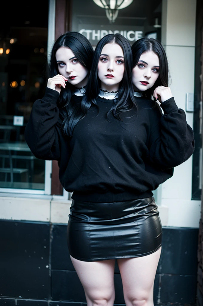 2heads, three headed goth girl, age 19, slightly chubby, black sweater, black skirt, pale skin,