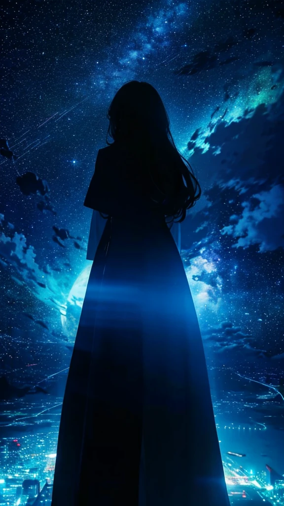 Long-haired woman,Long coat, Dress Silhouette, Rear View,Space Sky, comet, Anime Style, Fantastic night view
