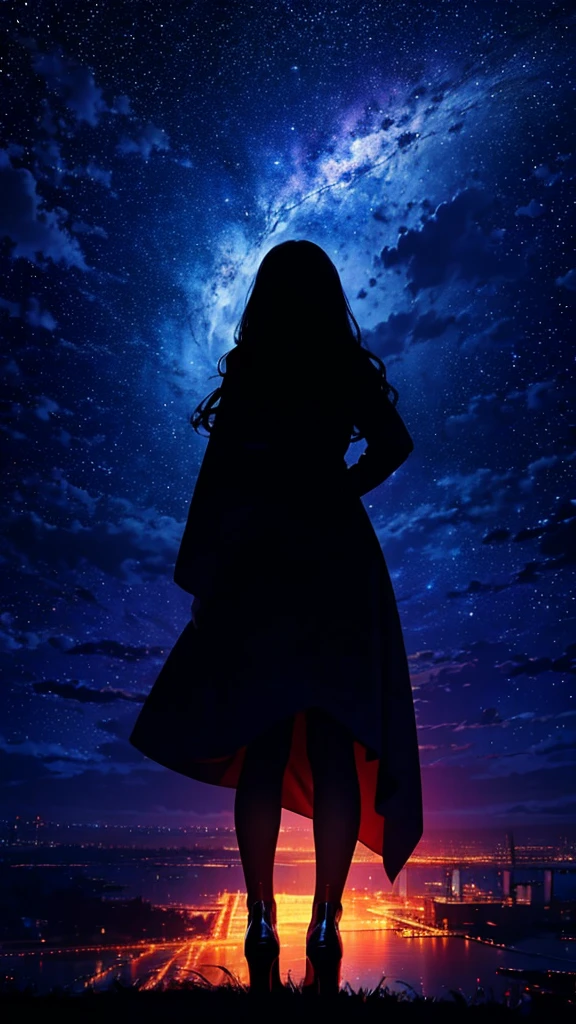 Long-haired woman,Long coat, Dress Silhouette, Rear View,Space Sky, comet, Anime Style, Fantastic night view