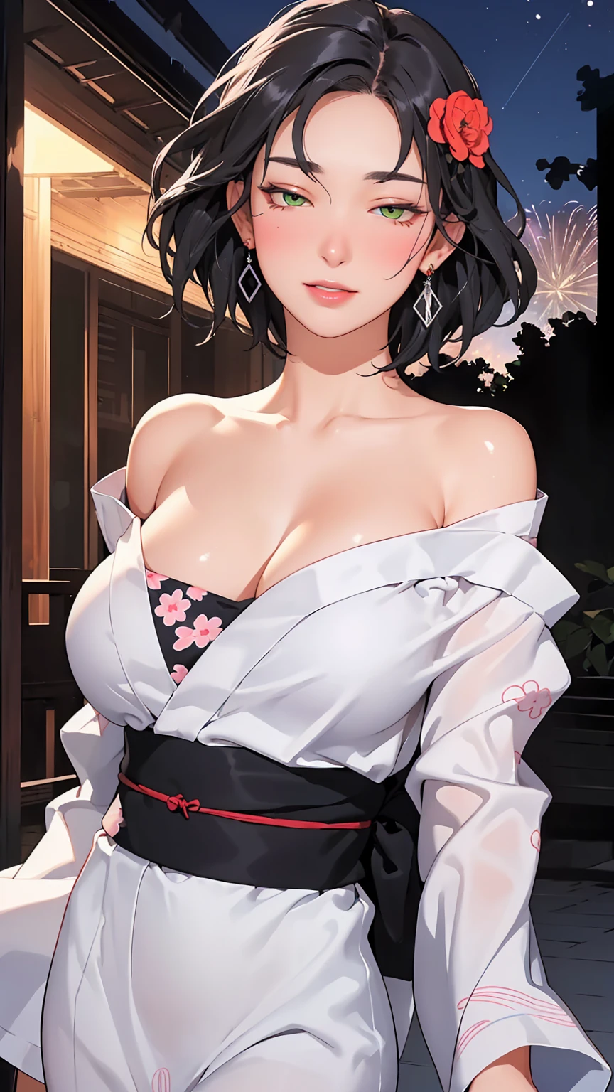 ((((masterpiece, best quality, high resolution)))), Extremely detailed 8K, Beautiful girl with voluptuous body, (Ultra HD, Ultra-detailed, Highly detailed, Highly realistic, Ultra-realistic, photograph realistic), (1girl:1.5), (Realistic black hair), (short wavy hair, hair ornaments, earrings), (dynamic poses), facing at camera, looking at viewer, (blushing red, embarrassed, smile), (green eyes, sharp eyes), (big perky breasts:1.2), (beautiful detailed face, beautiful detailed eyes), ((off shoulder fluffy yukata)), (detail ), (standing up), sweat, glow, (nightlight), ((cowboy shot)), firework festival, 