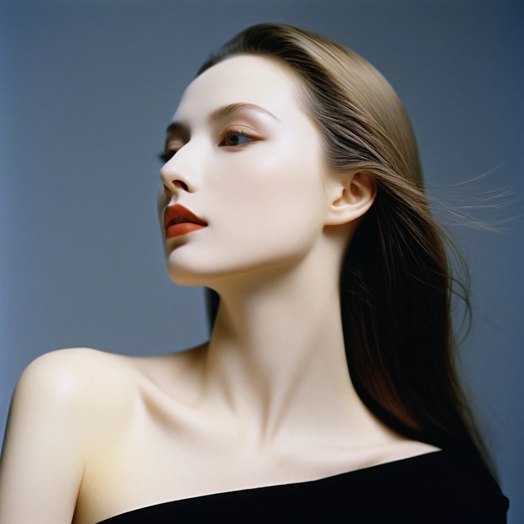 Photograph by Serge Lutens (1.8), pale skin, evil slavic woman, long dark blond hair, in profile, wide angle dim atmosphere, stunning, modern, dark, clean, artsy indoor surrounding, casting a dreamlike atmosphere eyes reflect some light, Shiseido-style Vogue-Style 1990s style and setting Various gentle half body poses and angles Consistent facial and body features Photorealistic and highly detailed Artistic and evocative High-quality finish Ensuring vibrant, detailed features Technical details: wide angle lens Selective focus with Kodak film effect: 1.2 Shallow depths of field