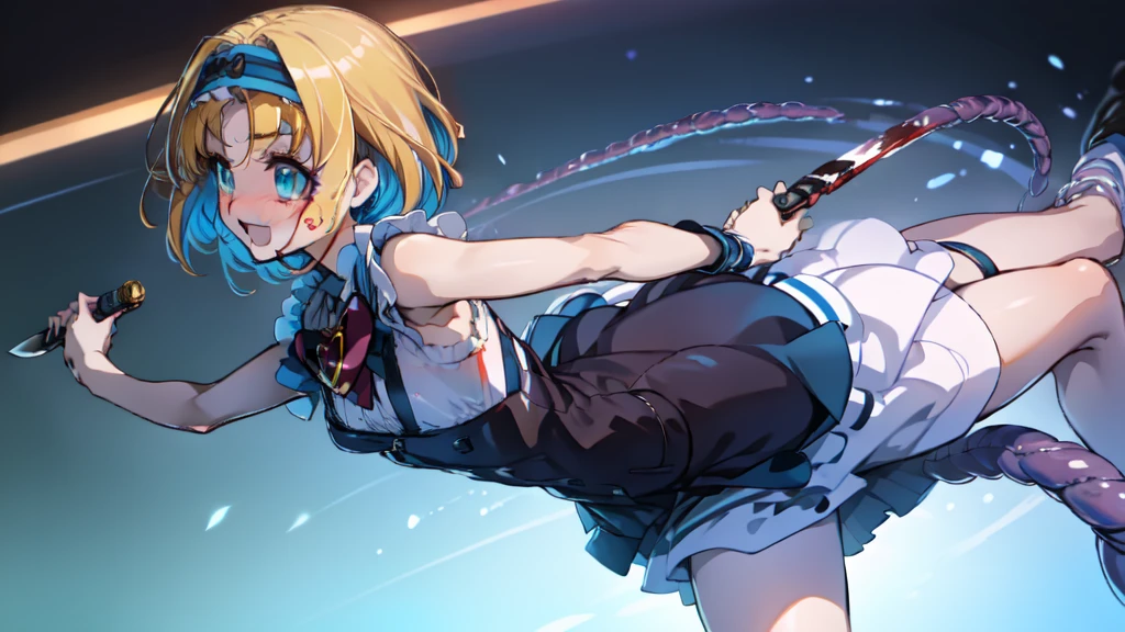 (One girl, alone), Nadia, Blonde, (Parted bangs:1.5), (blue eyes:1.5), Long Hair, (Small breasts:1.2), (Hair Ribbon, Red Bow, Argyle, (red Argyle sleeves:1.1), porkpie Have, (Have bow:1.2), Frills, Frillsドレス, Have, Have flower,) View your viewers, Wicked Smile, blush, (Blood, covered in Blood, Blood on arm, Blood on face, Blood on clothes, Blood on hands, holding knife, knife), Red heart brooch, jewelry, shoes, indoor, (masterpiece:1.2), Highest quality, High resolution, unity 8k wallpaper, (figure:1.5), Anime Style, (Beautiful attention to detail:1.6), 非常にdetailedな顔, Perfect lighting, 非常にdetailedなCG, (Perfect hands, Perfect Anatomy), (Dynamic pose, Dynamic Angle:1.1), Serial killer, Slasher, (whole body:1.2), (Depth of written boundary), Focus on quality, Sharp focus, Perfect composition, Speckled sunlight, wood, 陰Shadowのある顔, Fantasy Setting, Fairytale village in the background, Various colors, (detailed:1.2), colorful, Shadow, scenery, Grafedium, complicated, Caustics, Wide Shot, 非常にdetailedな背景,, blush, wariza, Spread your legs,orgasm,blush, Sweat,White panties、Squat、Look at this、skirt、、Attacked by tentacles、Tentacles wrap around my legs、Tentacles in the crotch、Captured by tentacles、cry、shout、Ecstasy face、skirtの中の触手、Do not run away、Lying down、Torn clothes、skirtの下からスパッツが見えます、Spread your legs、Disheveled clothing、skirtをめくった、