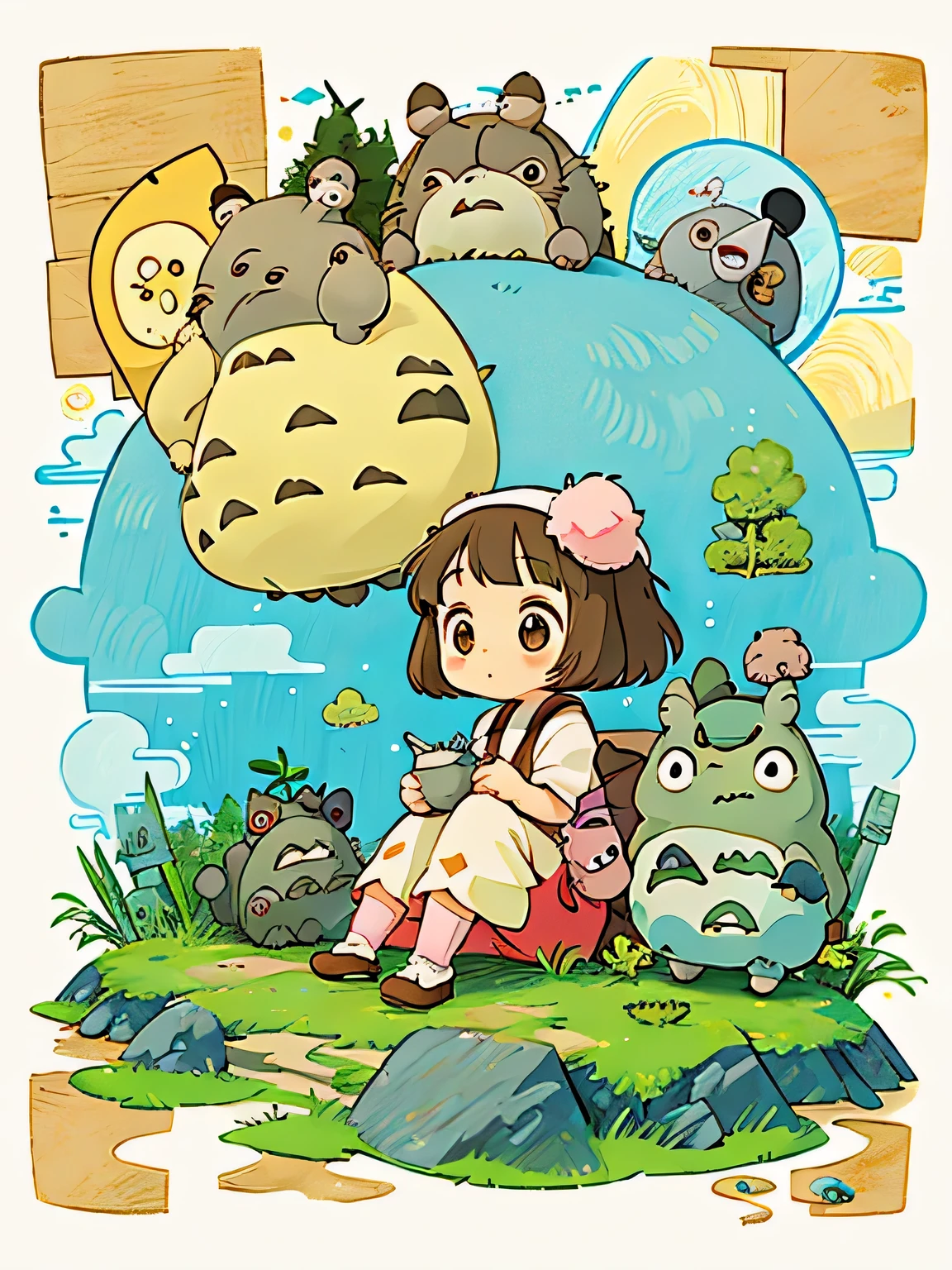 Hayao Miyazaki style、Kawaii Design, ((most beautiful girl ever))、Chibi, (((expedition)))、((Mammoth)), (((primitive times))), Pikachu, (((Totoro))), Lunar Surface, Colorful and cute pillbugs