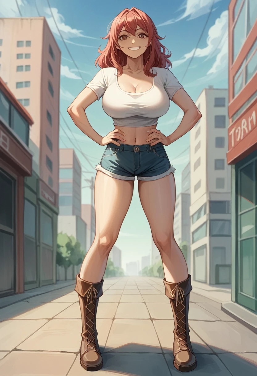 (8k、RAW Photos、Highest quality、masterpiece:1.2)、(Realistic、Realistic)、1 Girl、((city、smile、Big Breasts、tights、No sleeve、Shorts、boots、look forward to、Stand with hands on hips))、