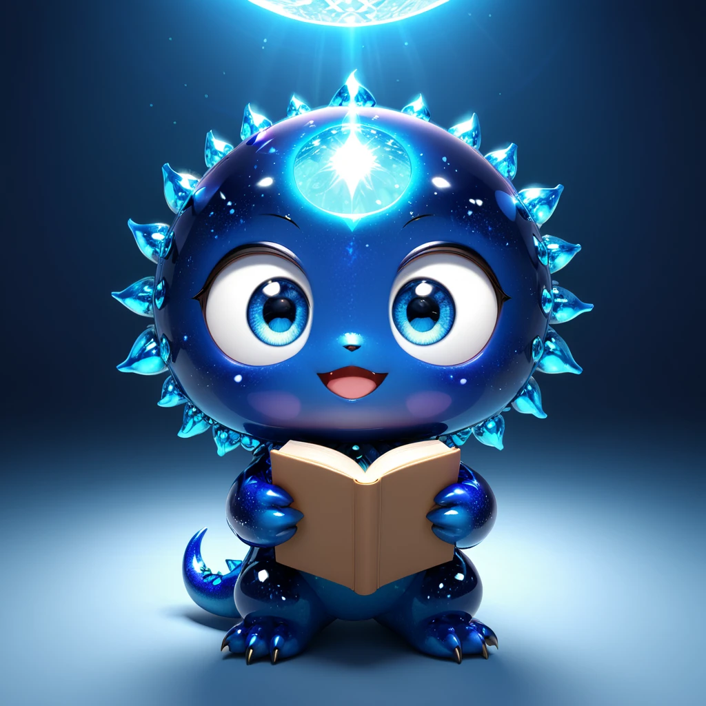 A cute sapphire monster with big sparkling eyes, emanating a calm blue light. This serene and stunning gemstone character is sure to enchant young readers with its gentle and soothing presence. --ar 1:1 --v 6.0 --3D render